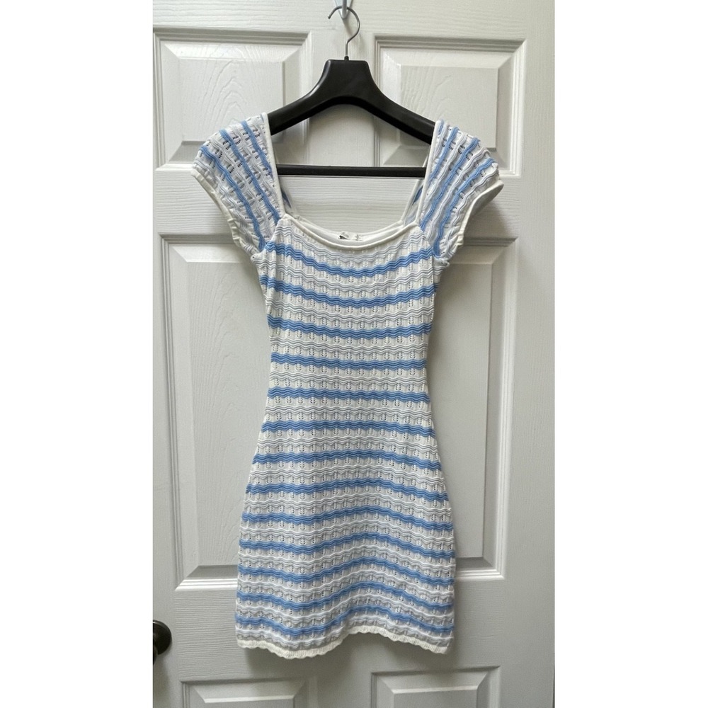 Hollister Women's XS Blue/White Striped Lined Crochet Dress Nautical Preppy Surf - Picture 2 of 11
